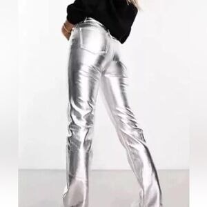 NWT. Love Fire Faux Leather Silver/Metallic Flare Pants, Size 7**